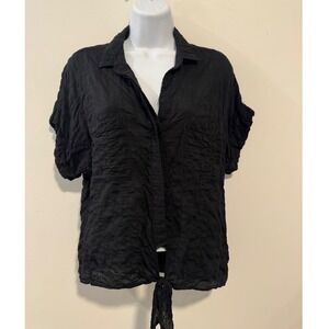 Cloth & Stone Black Crinkle Tie Front Short Sleeve Button Up Shirt Womens Size S